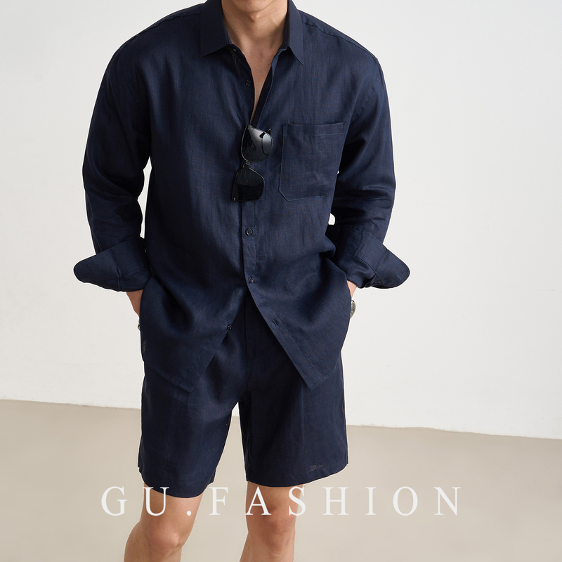 High-Quality 100% Linen Long-Sleeved Shirt for Men, Summer Casual Breathable Relaxed Old Money Style Shirt and Shorts Set