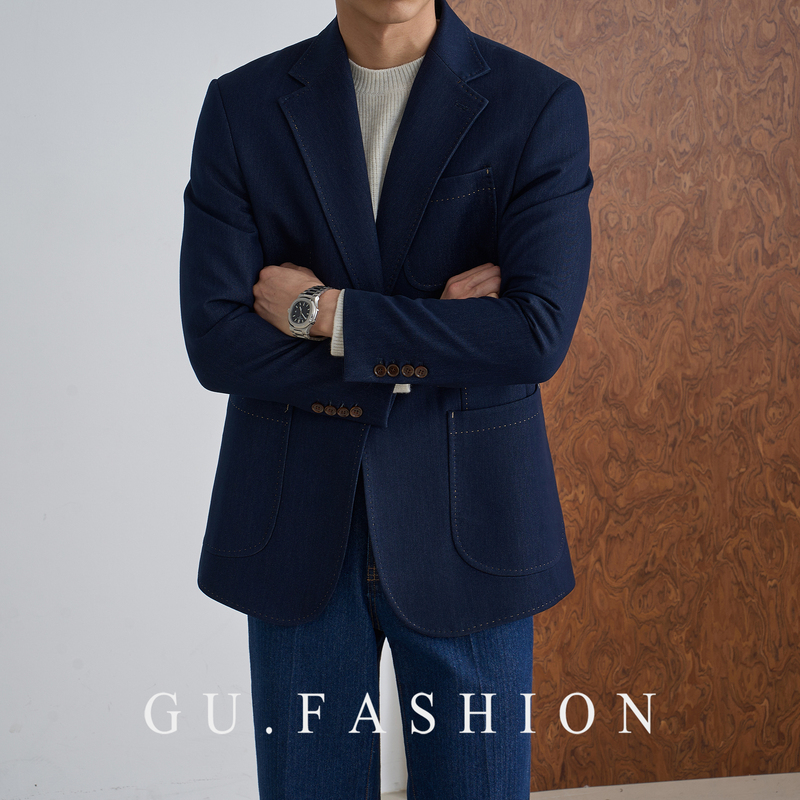 [Denim-Like Imitation] Gu Fashion Italian-Style Elegant Notch Lapel Blazer Men's Commuter Casual Suit