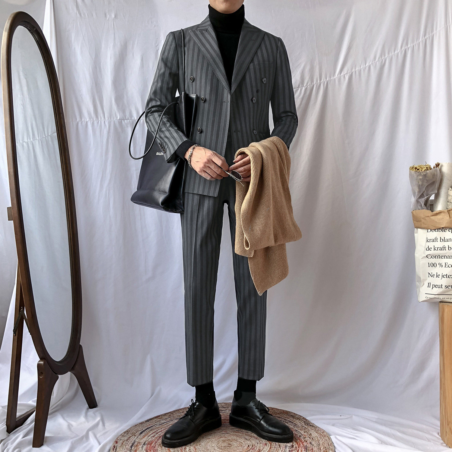 Suit suit men's business casual double-breasted striped British style slim fit suit two-piece groom wedding dress