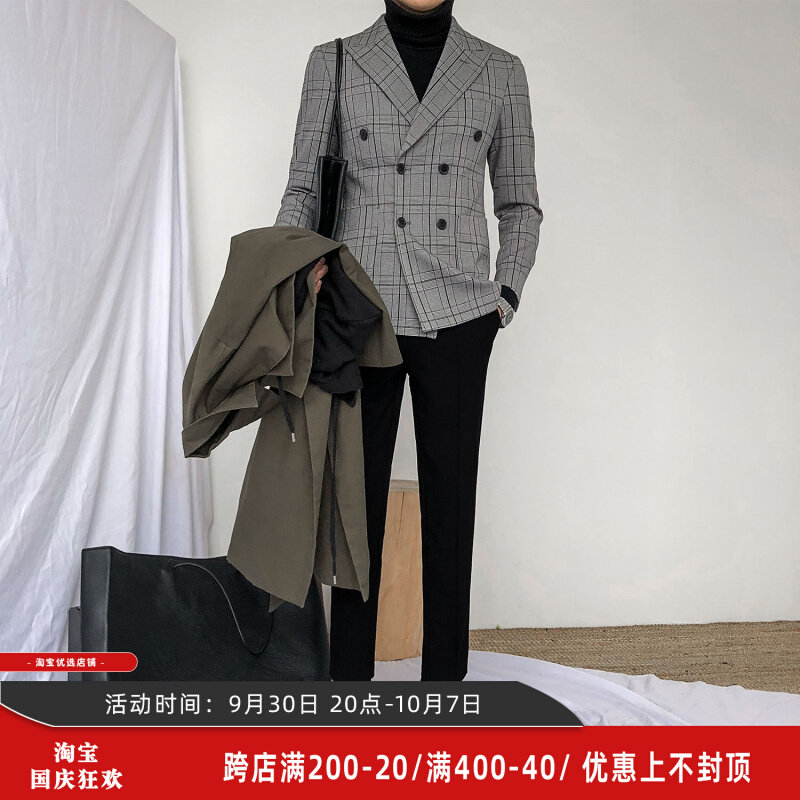 Korean version of retro houndstooth plaid suit British casual slim plaid small suit men's top fashion jacket trend