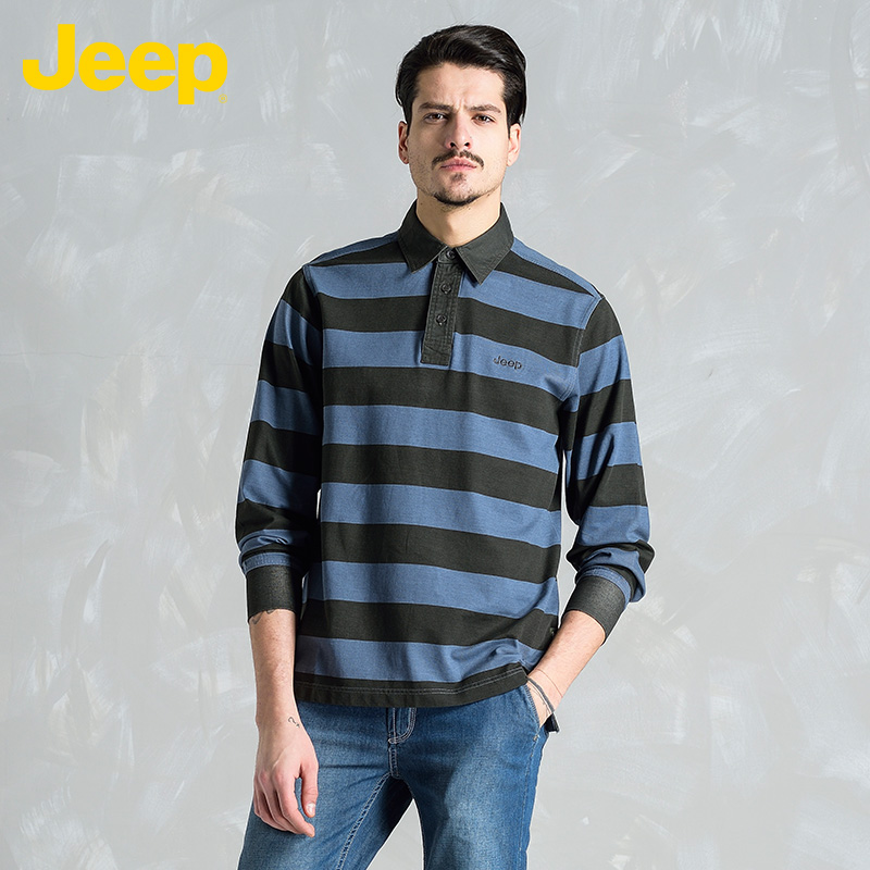 JEEP/吉普专柜同款男士衬衫T恤纯棉条纹宽松长袖polo衫JS12KT009