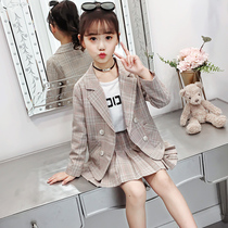 Girls  foreign style autumn 2021 new childrens suit schoolboy short skirt Korean version of the net red spring and autumn two-piece set