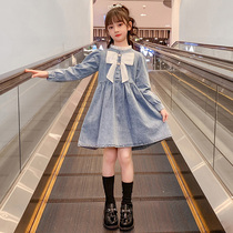 Girls Autumn Dresses 2022 New Girls Western Style Fashionable Denim Skirts Big Childrens Spring and Autumn Princess Skirts