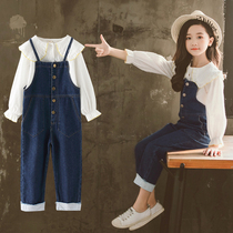 Girls spring autumn loaded back with pants suit 2022 new children Cowboys CUHK Girl girl Ocean Han version Two sets