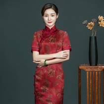 Chinese classic silk fragrant cloud yarn red cheongsam dress female retro Chinese style dignified atmosphere mother long