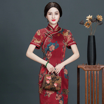 Chinese classic silk fragrant cloud yarn red cheongsam female retro old Shanghai long temperament elegant Chinese style dress
