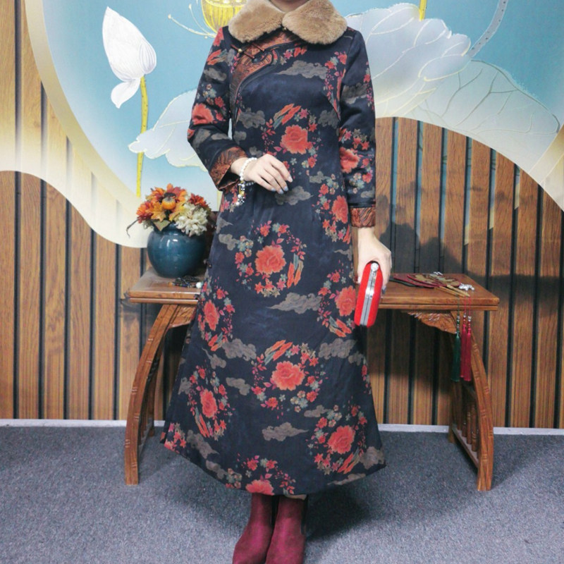 Huahua Classic Real Silk Fragrant Cloud Yarn Qipao Winter Style Clip Cotton Thickened Foreign Dress