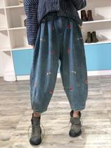 Autumn and winter embroidered large size velvet jeans retro literature and art loose wide leg personality wild Dad pants Harlon pants women