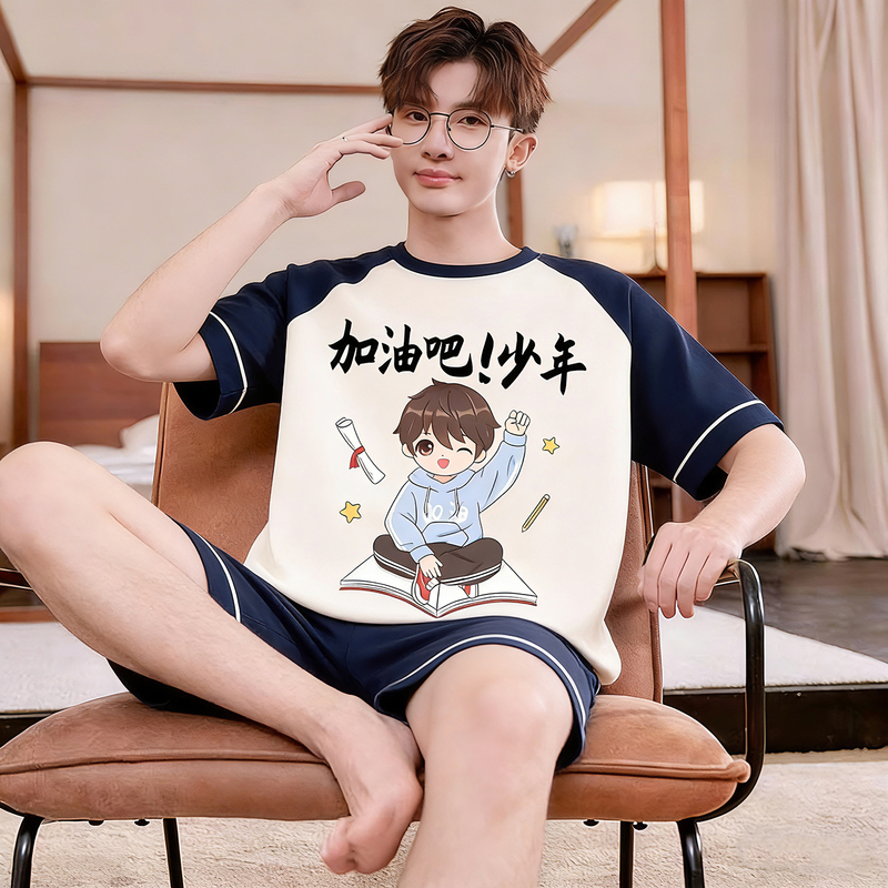 2026 New Men's Pajamas, Pure Cotton, Summer Thin Short-Sleeved Pajamas for Teenagers, Boys, Older Children, Middle and High School Students, Home Clothes