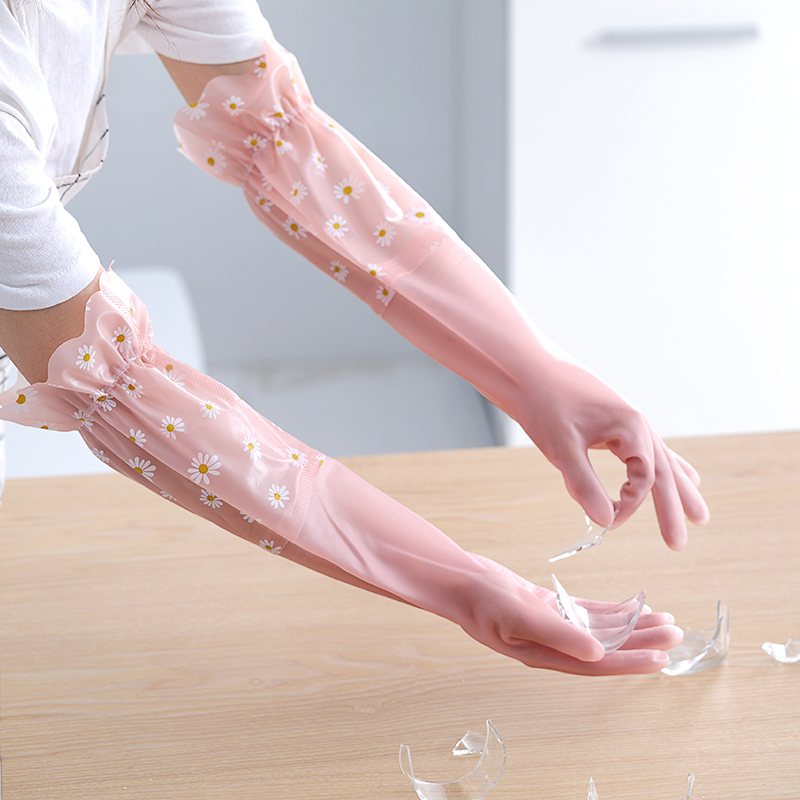 Kitchen Dishwashing Gloves Women Long Sleeves Working Lengthened Brush Bowls Rubber Rubber Sheet Home Thin wash clothes Waterproof Summer