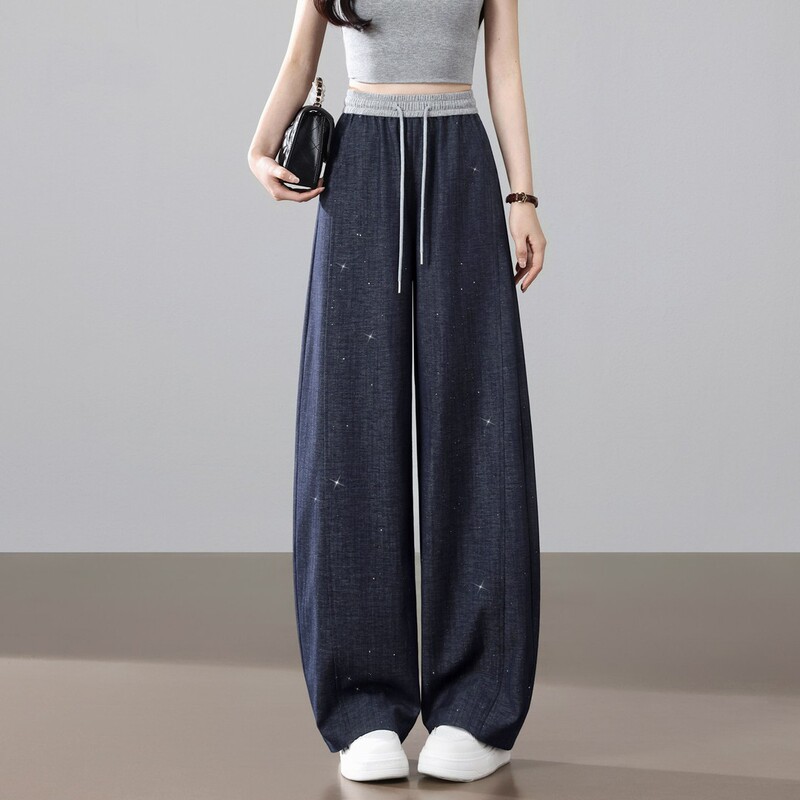 Gypsophila High-Waisted Curved Hem Tencel Jeans for Women, 2026 Summer Loose Drape Drawstring Tie Wide-Leg Pants Long Pants