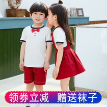 Kindergarten garden clothes summer cotton British Academy style children class uniform red and white round neck short sleeve sports style