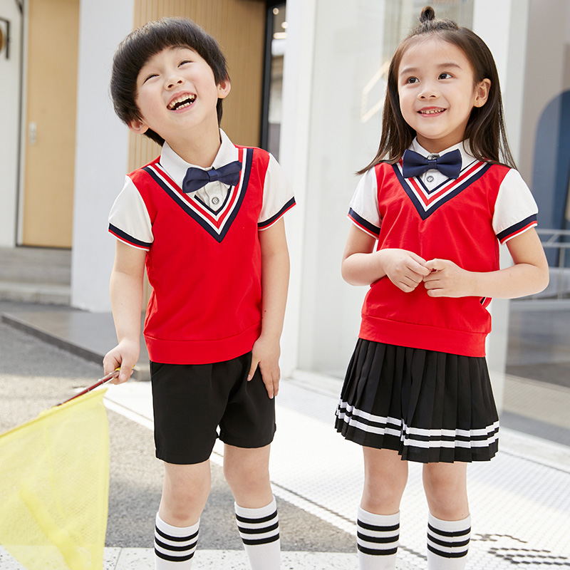 Kindergarten garden clothes Summer clothes pure cotton British College red and blue sports wind suit Primary school uniform Children's class clothes