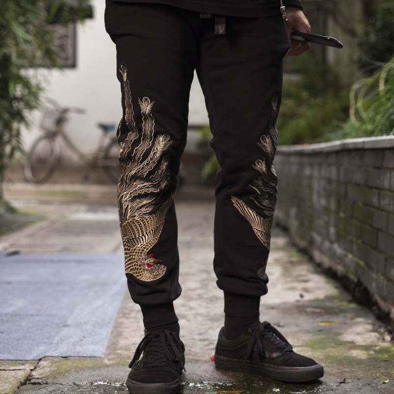 Fengtian Carrier Chinese Wind Autumn Winter Men's Phoenix Embroidery Full Cotton Thickened Large Size Sports Thick Cotton Pants Male And Female Couples