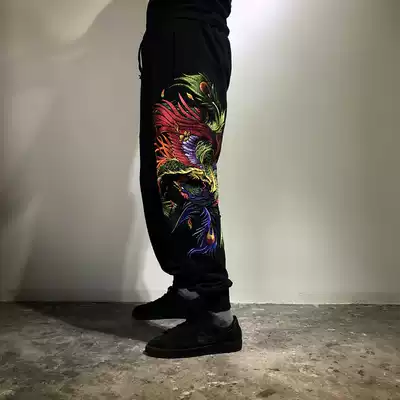Three provinces and six departments original Chinese style colorful Phoenix heavy industry embroidery men's cotton loose large size sanitary pants limited edition