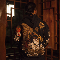 Autumn and winter three provinces six heavy industry embroidered mens hooded sweaters and wind-like cherry blossom Vermilion embroidery jacket