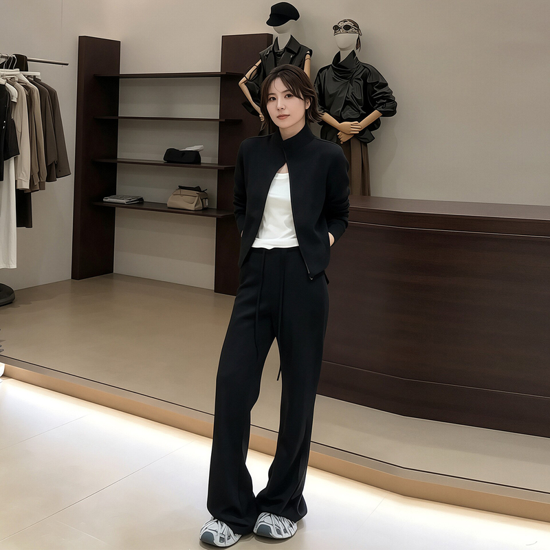 Minimalist High-Class Outfit Set 2026 Autumn New Style Fake Two-Piece Stand Collar Cardigan Jacket + Black Pants for Women Minimalist High-Class Outfit Set 2026 Autumn New Style Fake Two-Piece Stand Collar Cardigan Jacket + Black Pants for Women