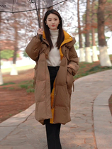2023 winter new Korean style loose design big pocket brown long 90 white duck down jacket for women