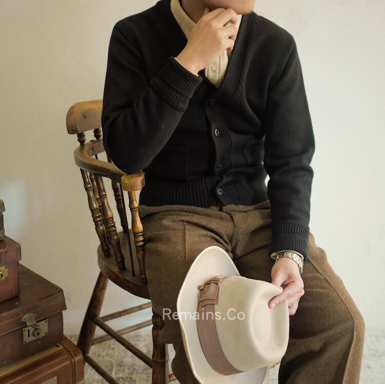 Remains Pure Wool High Density Knit Black Cardigan IVY League Ivy College Style Sweater-Taobao