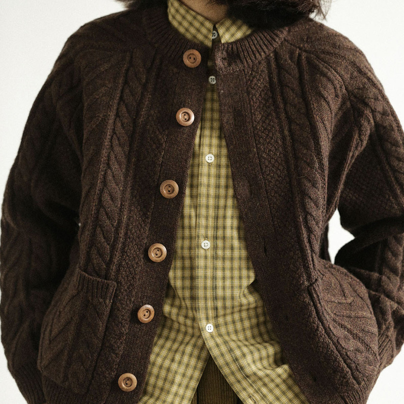 Remains Traditional Aran Sweater Fisherman Sweater Jacquard Knit Crew Neck Cardigan