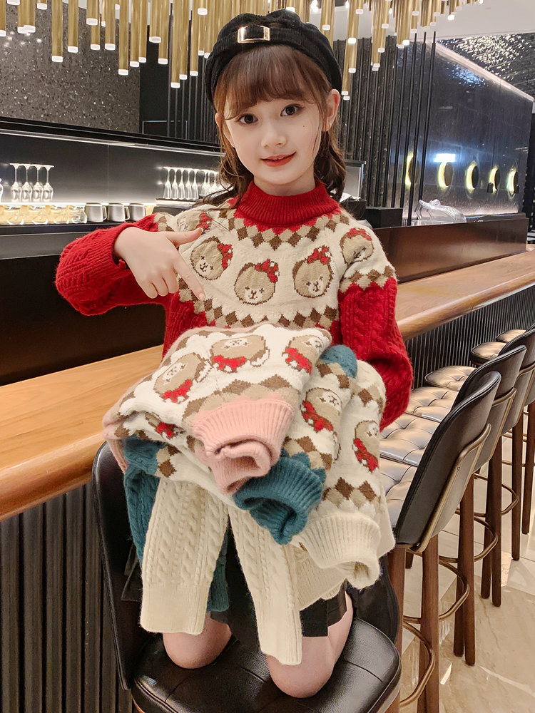 Girls' sweater autumn and winter children's 2022 middle-aged and older children's bottoming red foreign style fashionable half-high collar plus velvet thick Christmas