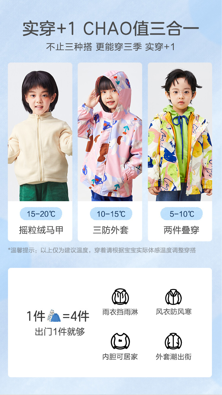 Mini Balabala 迷你巴拉巴拉 摇粒绒儿童三合一外套 天猫优惠券折后¥159.9包邮(¥379.9-220)男、女童90~140cm码4色可选