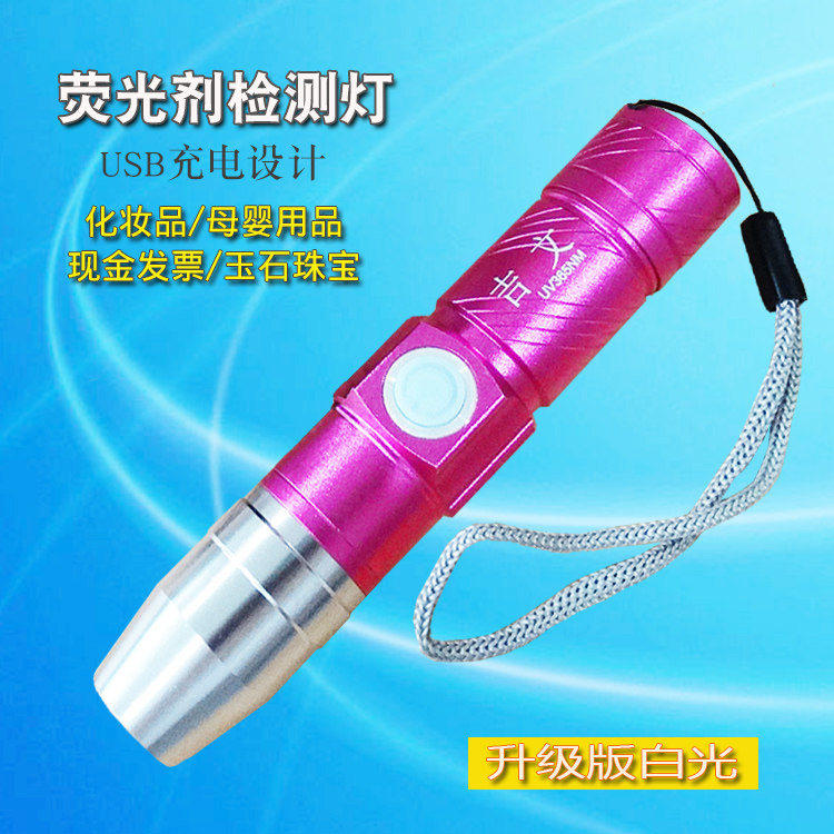 Fluorescent agent detection lamp pen 365nm purple light hand inspection Jade flashlight cosmetics banknote detection lamp ultraviolet white light USB charging