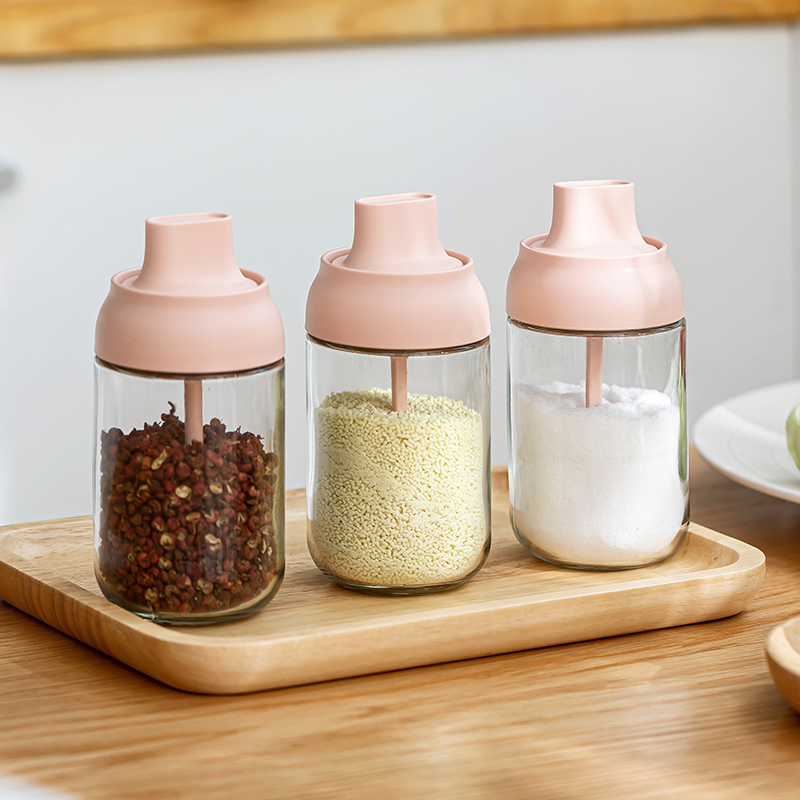 Spoon cover integrated glass seasoning tank sealed moisture-proof with spoon-style jar Kitchen Supplies Home Salt MSG Seasoned box