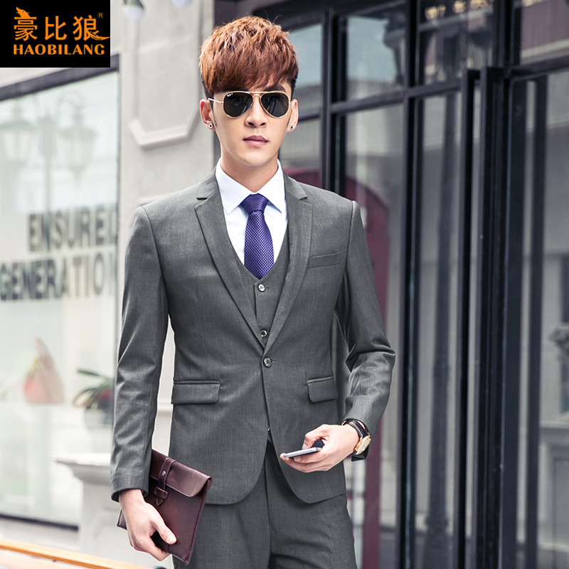 Hàn Quốc phiên bản của mặc bộ quần áo màu xám đen phù hợp với nam giới kinh doanh không thường xuyên phù hợp với phù hợp với chuyên môn đầm đầm váy chú rể