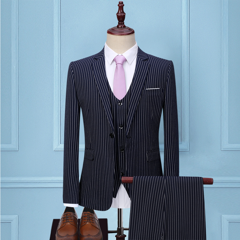 Men's Striped Suit Suit Business Suit Three-piece Korean Slim Groom Wedding Dress Groomsmen Casual Autumn