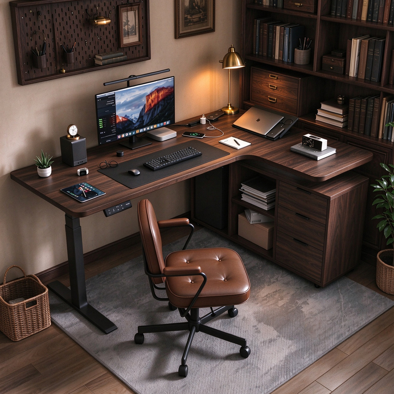 Corner Electric Lift Table L-Shaped Desk Solid Wood Computer Desk Gaming Desk Home Office Desk Workbench