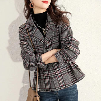 Outlet clearance clearance brand autumn and winter clothing temperament plaid woolen suit waisted short jacket for women
