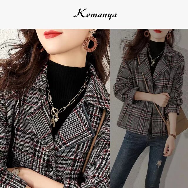 Outlet clearance clearance brand autumn and winter clothing temperament plaid woolen suit waisted short jacket for women