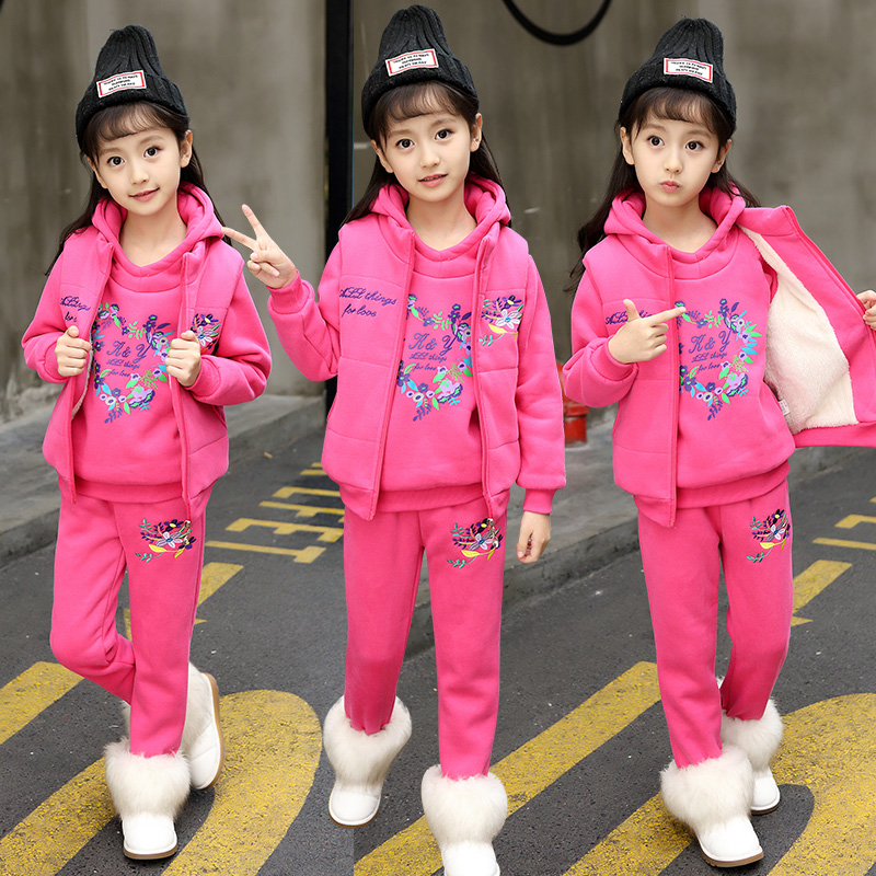 Children's clothing girls fall and winter sports suit plus velvet padded baby 12-year-old girl clothes children's sweater three-piece suit