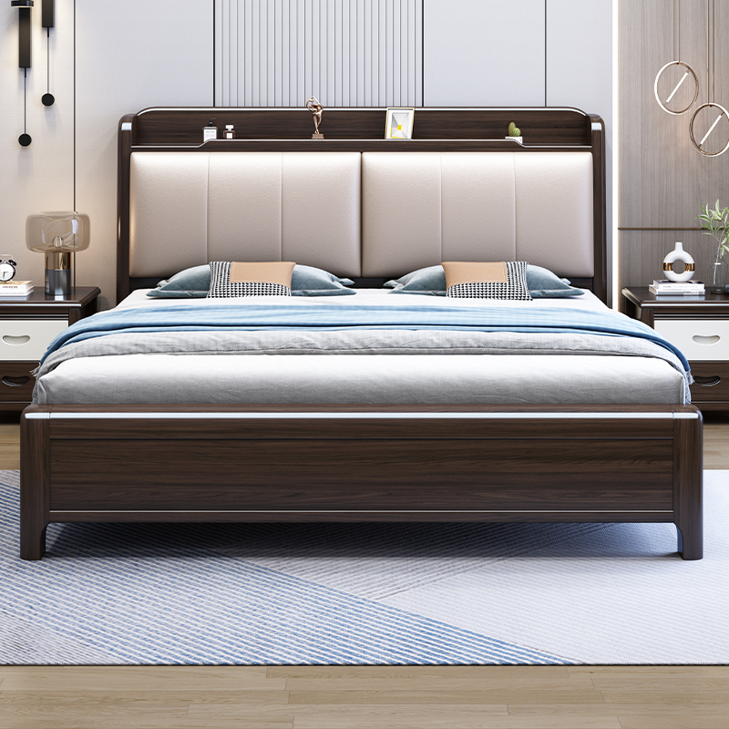 Purple Gold Sandalwood Solid Wood Bed New Chinese Double Bed 1 8 m 1 5m Master Bedroom Light Lavish Storage Leather Soft-leaning Large Bed