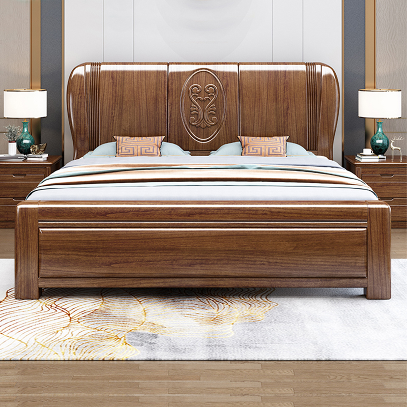 Golden Silk Hupeach Wood Solid Wood Bed Brief Chinese Carved large bed 1 8 m Double beds Master bedroom 1 5m Wedding bed