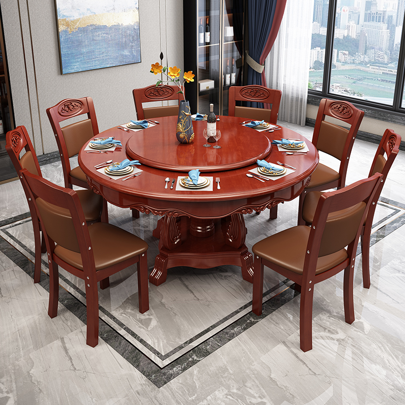 Chinese solid wood round table with turntable 10 people household large roundtable table table table round table combination