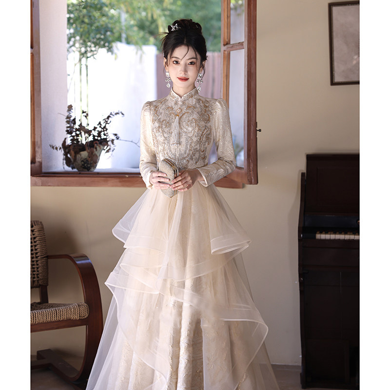 Hostess Evening Dress for Women, High-End Long-Sleeved Dress for Annual Meetings, Elegant Adult Ceremony Dress, High-End Party Dress, New Chinese Style Engagement Dress