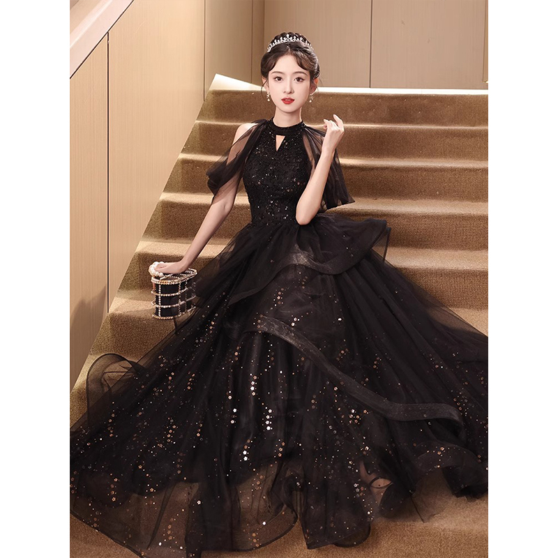 Black Host Evening Dress for Women, High-End Graduation Style, Birthday Coming-Of-Age Ceremony, Student Style, Vocal Performance Attire