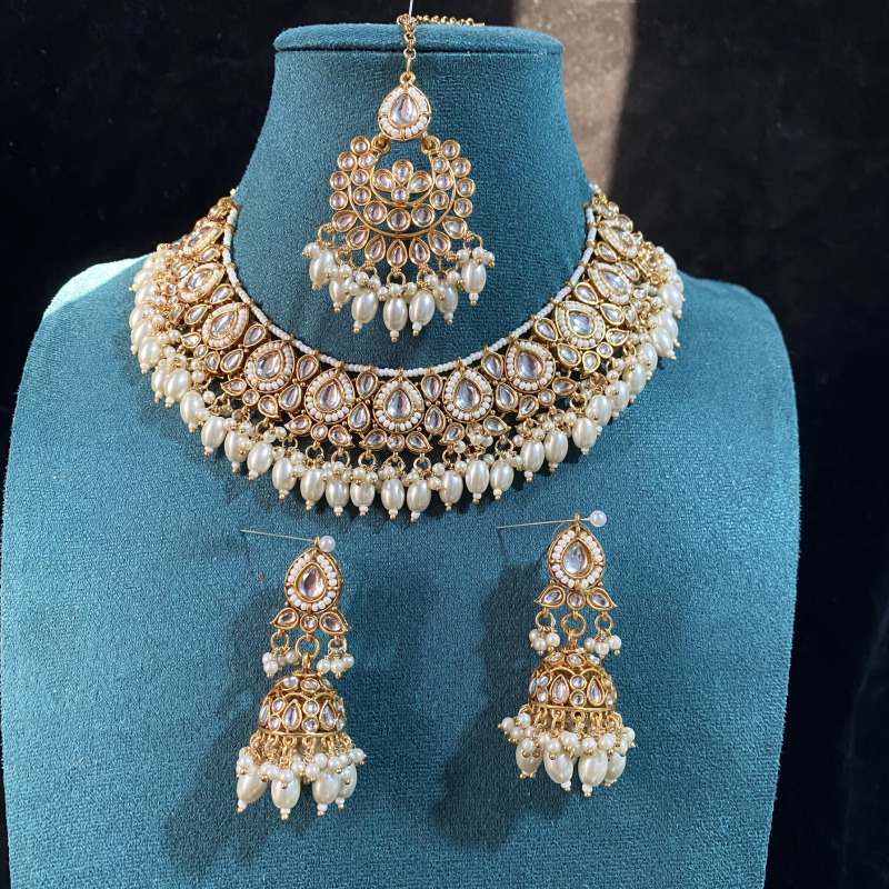 Exotic White and Gold Indian Jewelry Set Earrings Wedding Indian Dance Children's Necklace Women's Indian Dance Set Exotic White and Gold Indian Jewelry Set Earrings Wedding Indian Dance Children's Necklace Women's Indian Dance Set