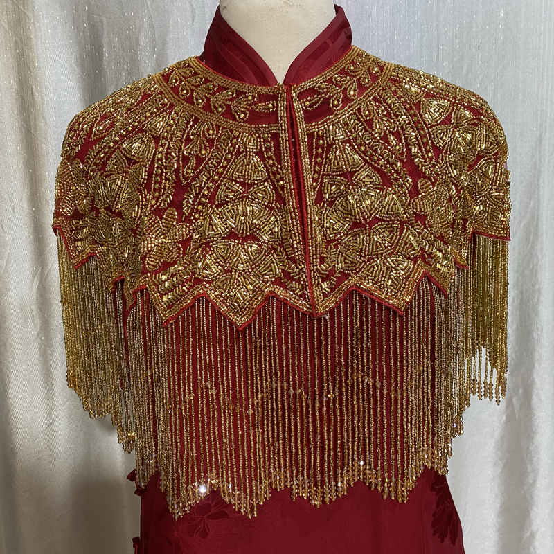 Heavy Beaded Short Tassel Cheongsam with Cloud Shoulders for Engagement, Wedding, Red and Burgundy, Plus Size, Oversized, Shawl Heavy Beaded Short Tassel Cheongsam with Cloud Shoulders for Engagement, Wedding, Red and Burgundy, Plus Size, Oversized, Shawl