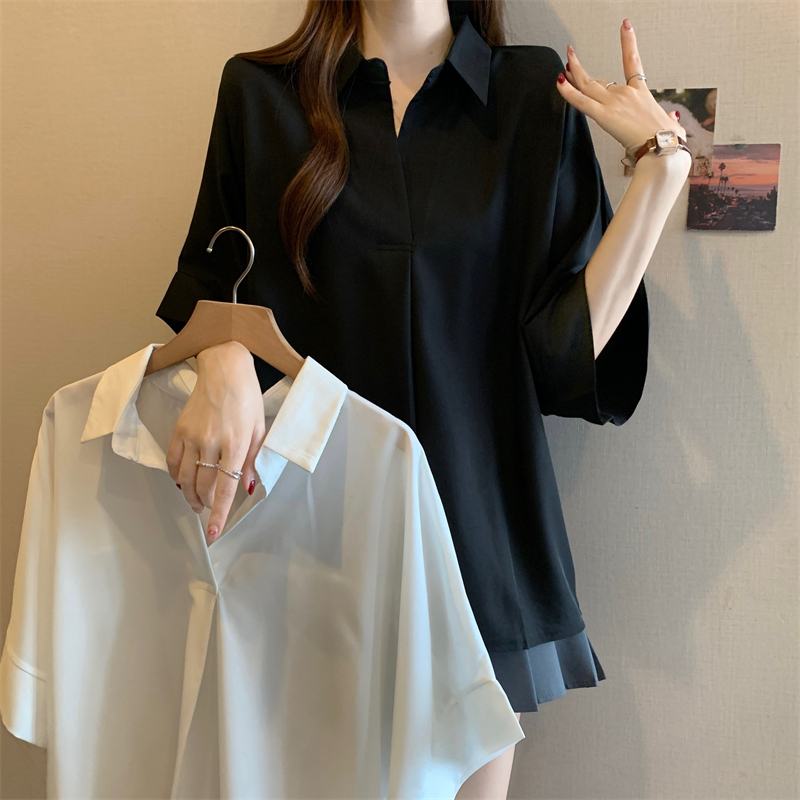 Maternity Clothes, Fashionable and Loose, Black Chiffon Short-Sleeve Shirt for Late Pregnancy, Summer Slimming White Top for Plus-Size Women
