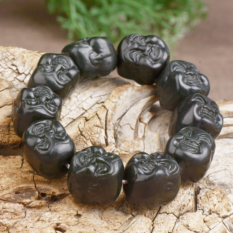Xinjiang and Tian Yu Bracelet man double-sided carved green jade 18 Luo Han Buddha head string natural jade Buddha Pearl