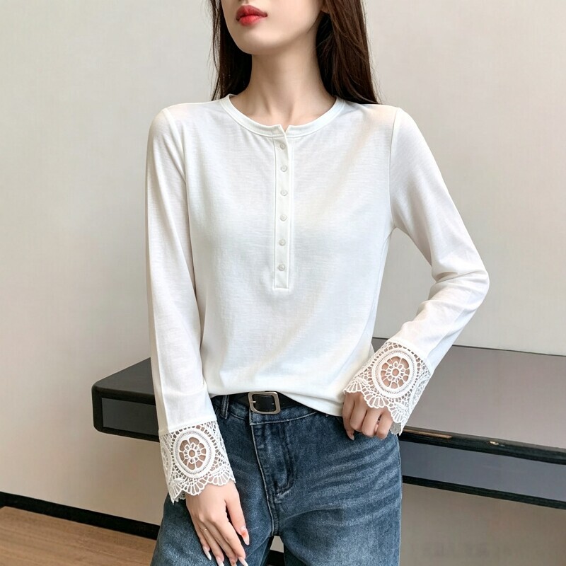 2026 Autumn Long Sleeve T-Shirt for Women, Casual Loose Lace Sleeves, Round Neck, Skin-Friendly Fabric, Home Casual Women's Top 2026 Autumn Long Sleeve T-Shirt for Women, Casual Loose Lace Sleeves, Round Neck, Skin-Friendly Fabric, Home Casual Women's Top