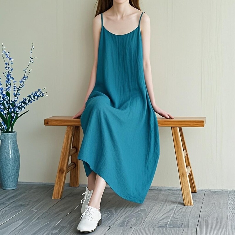 Slim-Fit Plus-Size Cotton and Linen Loose Thin Summer Solid Color Vintage Wear Camel Blue Peacock Blue Tummy-Covering Suspender Dress White Outerwear Slim-Fit Plus-Size Cotton and Linen Loose Thin Summer Solid Color Vintage Wear Camel Blue Peacock Blue Tummy-Covering Suspender Dress White Outerwear