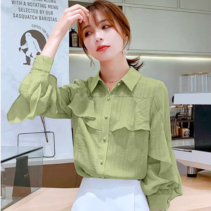 Chiffon Nine-Quarter Sleeve Ruffled Waist-Cinching Casual Loose Versatile Korean-Style Women's Shirt 2025 Spring Women's Fashion