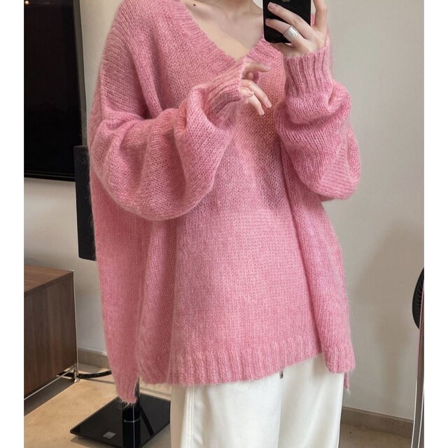 Lazy style ຄໍ V-ຄໍ sweater ຄໍເຕົ້າໄຂ່ທີ່ເກົາຫຼີສໍາລັບແມ່ຍິງ mid-length 2024 ຕົ້ນລະດູໃບໄມ້ປົ່ງໃຫມ່ວ່າງ blouse slimming sweater ພາຍໃນ