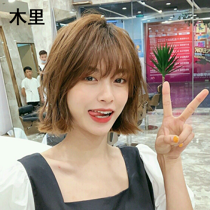 Wig woman short hair summer light and breathable Popo head All true human hair short curly hair nature No mark full headgear style