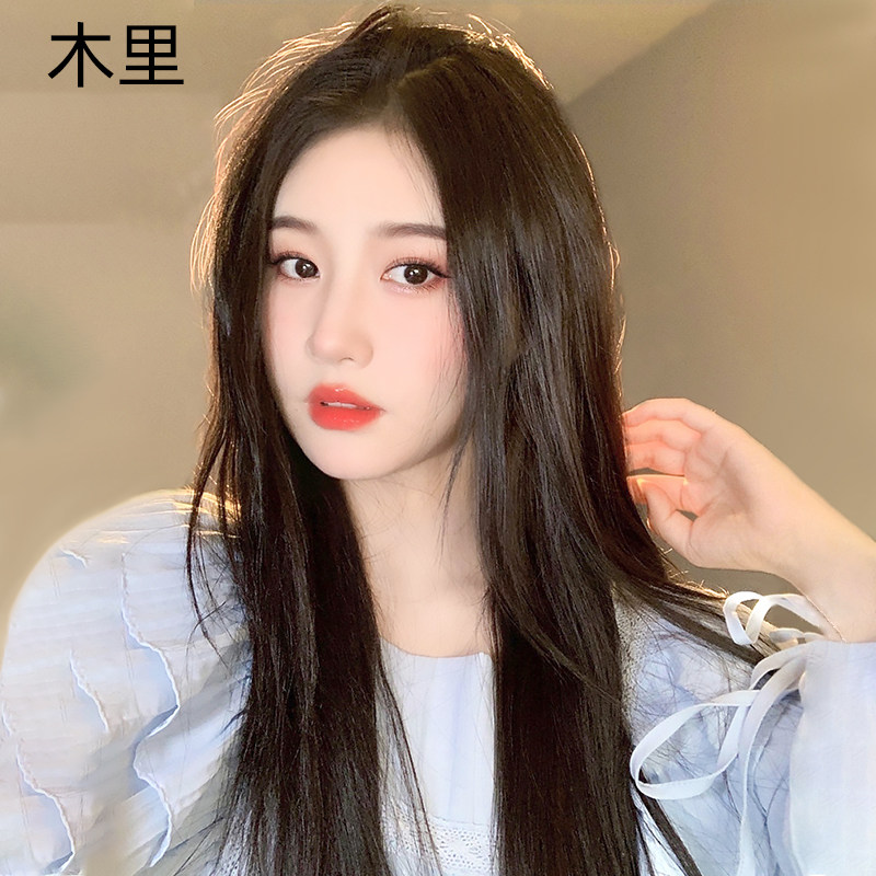 Wig Woman Long Hair Real Hair Summer Full Live-action Haircut Lace Emulated Scalp Divided Black Long Straight Hair Total Headgear