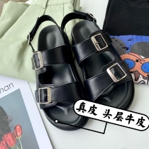 Outbreak not tired leather head layer leather Roman casual beach thick bottom flat-heeled sponge black sandals 21 summer new